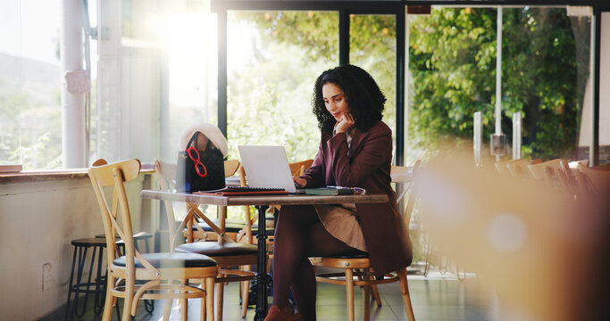 Reading, laptop and freelancer with woman in cafe for hospitality blog, food review and research. Remote worker, online report and restaurant critic with person in coffee shop for email and web log