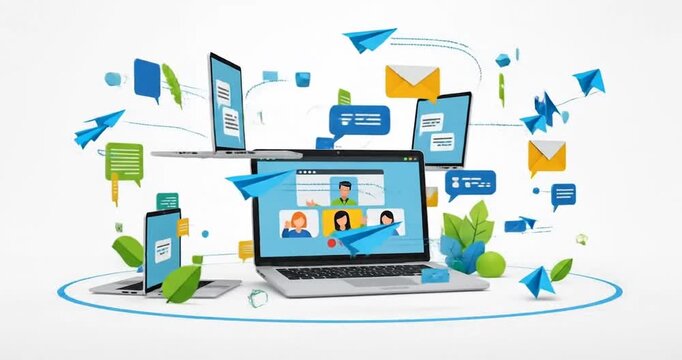 Multiple laptops displaying chat messages with animated leaves and icons, symbolizing digital communication