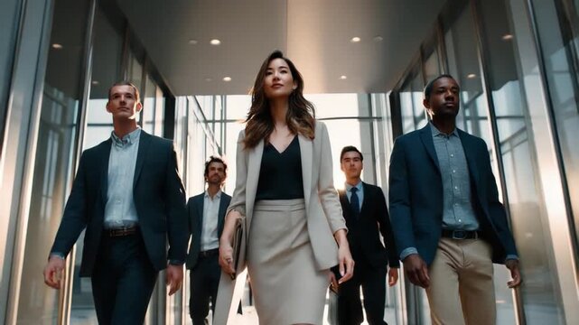 Corporate Stride: A confident business leader and her team stride purposefully through a modern architectural space, conveying leadership and forward momentum. 