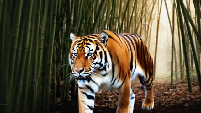 Majestic tiger emerges from bamboo forest with powerful stride