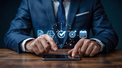 Businessman interacting with smartphone and digital productivity icons