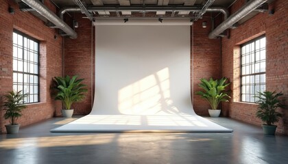 Industrial brick loft photo studio with large windows. White backdrop, concrete floor, plant decor. Natural sunlight creates shadows, bright open space for creative shoots and events.