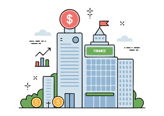 Obraz premium Modern Financial District Illustration with Office Buildings, Dollar Signs, and Upward Graphs Symbolizing Business Growth, Banking, and Investment Success