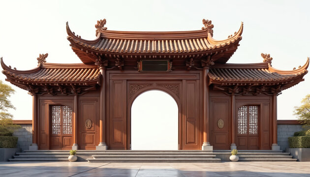 Ornate wooden chinese temple gateway with curved roof tiles. Traditional asian arch structure, ancient building facade with decorative carvings. Sacred entry to oriental garden, spiritual landmark.