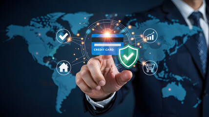 Businessman interacting with secure online payment system