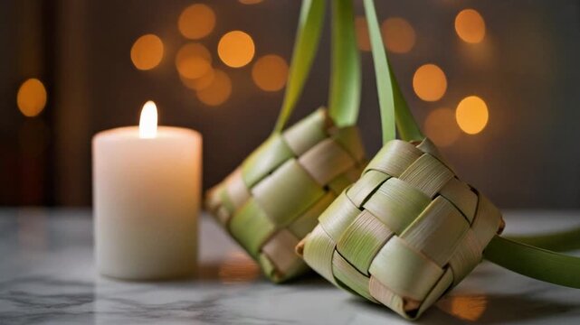 Ketupat woven rice dishes with lit candle on marble table at traditional Malay celebration with warm bokeh lights in background