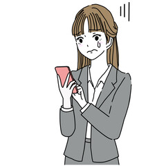 Illustration of a young woman in a suit, upper body only, crying while looking at her smartphone