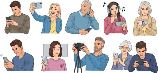 Digital device illustration, smartphone users, technology lifestyle, people with gadgets, mobile communication, diverse age group, tech habits, modern connectivity