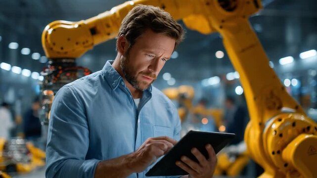 Engineer Inspects Robotic Arm: A focused engineer, immersed in his task, scrutinizes a digital tablet amidst a high-tech robotic arm, embodying precision and innovation in a modern industrial setting.