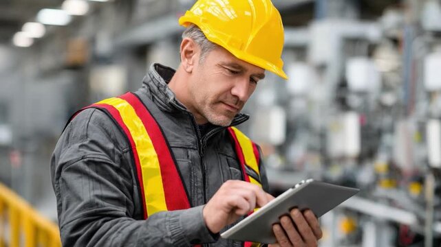Focused Engineering: A focused engineer, equipped with a yellow safety helmet, meticulously reviews data on his tablet within an industrial environment. The scene radiates a sense of diligence.