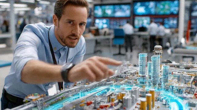 Engineer's Vision: An engineer points with focus at a futuristic model, surrounded by cutting-edge technology, in a state-of-the-art facility, representing innovation, progress.