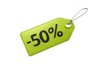 Green discount tag showing 50% off for sales, promotions, and special offers with a transparent background