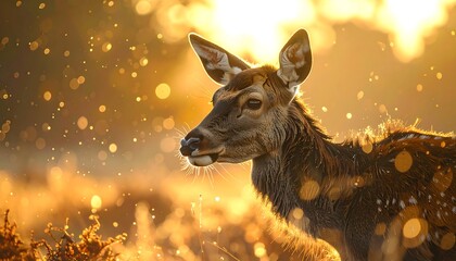 A young deer gazes right, bathed in warm sunlight. Golden bokeh dots and illuminated foliage create a serene outdoor setting