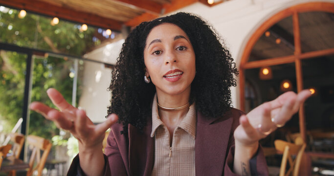 Woman, portrait and video call in cafe for business, online meeting and remote work opportunity. Female freelancer, POV and talking in restaurant for feedback, virtual interview and communication