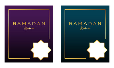 Vibrant Ramadan celebration poster designs featuring elegant gold frames, star motifs, and 'Kareem' calligraphy, ideal for festive greetings and holiday messages