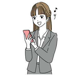 Illustration of the upper body of a young businesswoman happily looking at a smartphone screen.