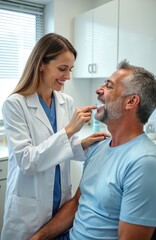 Fototapeta premium Female doctor with stethoscope performs throat exam on smiling patient in clinic. Physician checks mouth, tongue, teeth during oral health checkup. Medical consultation, healthcare service.