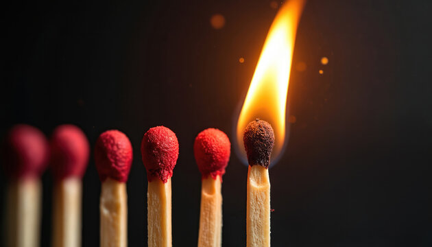 One match ignites a row of wooden matches. A flame burns, symbolizing new ideas, progress, and energy. Concept of starting a process or chain reaction. Macro shot.