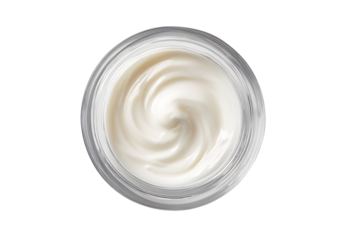 Top view of hygienic white color paint face cream in jar glass clear isolated on cut out PNG or transparent background. Beauty facial cosmetic product texture. Makeup cosmetics for women.