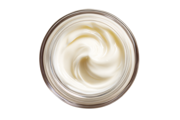 Top view of hygienic white color paint face cream in jar glass clear isolated on cut out PNG or transparent background. Makeup cosmetics for women. Beauty facial cosmetic product texture. 