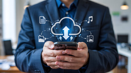 Businessman using smartphone with cloud computing icons floating above