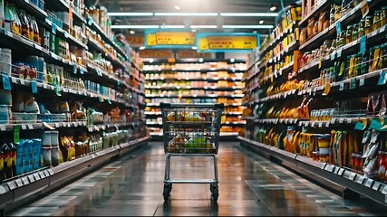 Aisle view of a supermarket with shelves stocked with products and a shopping cart in the center