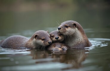 Obraz premium Otter family swims together in calm water body. Adults and pup huddle close, showing connection and affection. Peaceful scene of aquatic mammals in natural habitat.