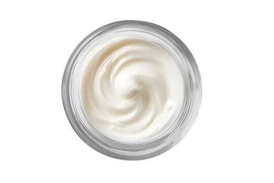 Top view of hygienic white color paint face cream in jar glass clear isolated on cut out PNG or transparent background. Beauty facial cosmetic product texture. Makeup cosmetics for women.