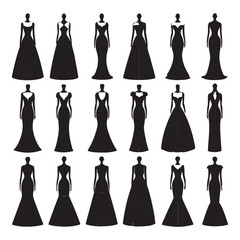 Elegant Gown Silhouettes, A diverse collection of black vector silhouettes showcasing various women's formal dresses and evening gowns (1).eps