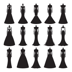 Elegant Gown Silhouettes, A diverse collection of black vector silhouettes showcasing various women's formal dresses and evening gowns (2).eps