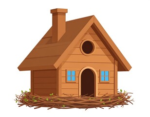 Wooden birdhouse with nest, chimney, windows, and round entryway