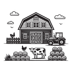Farm Animals and Barn with Tractor and Hay Bales black color . white color background (3).eps