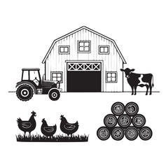Farm Animals and Barn with Tractor and Hay Bales black color . white color background (2).eps