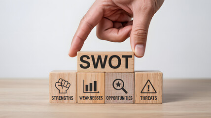 Business strategy concept with SWOT analysis wooden blocks