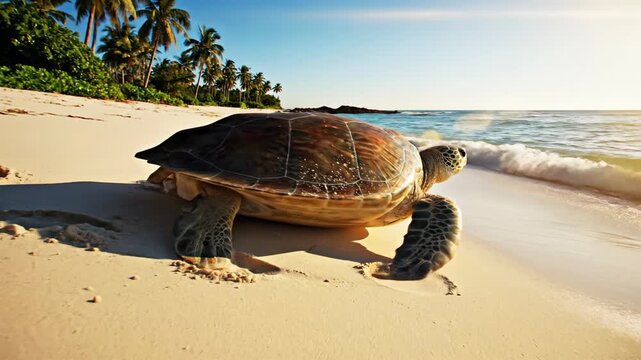 A close-up view of a sea turtle on a sandy beach with the ocean in the background