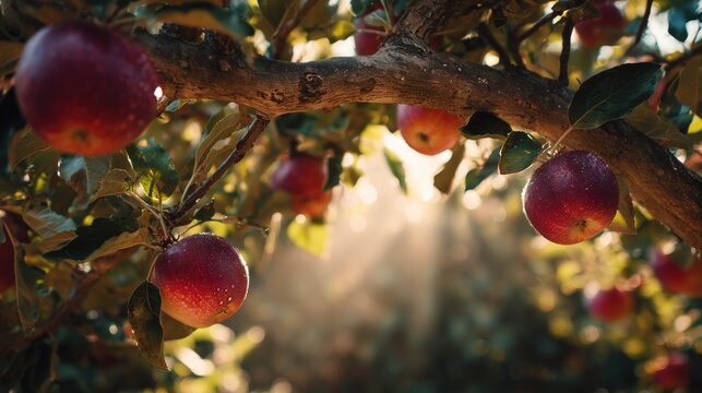 Growth and Efficiency, fresh red apples with water droplets on green leaves in natural sunlight. - Powered by Adobe