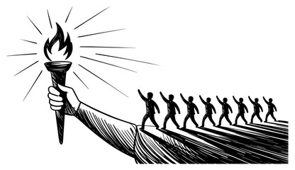 Leader with torch guiding large group representing inspiration, vision and mass movement