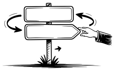 Hand pointing at direction signs showing choice, decision making and navigation concept