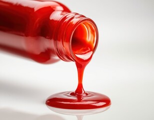 Red ketchup pouring from glass bottle onto white surface creating a vibrant puddle. Food ingredient and condiment for cooking.
