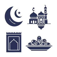 Islamic Holiday Icons Set Crescent Moon Mosque Prayer Mat and Dates Silhouette