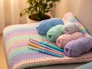 Pastel yarn skeins and crochet hooks on a colorful striped blanket. Craft hobby and handmade textile concept. Ideal for creative projects, DIY, knitting.