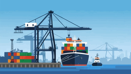 Large cargo ship being loaded with containers at a busy port by cranes. © Rian