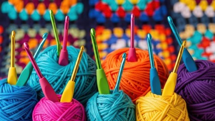 Colorful balls of yarn and crochet hook with Granny Square blanket in background. Craft and hobby concept. For design or advertisement.