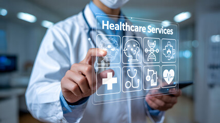 Doctor interacting with futuristic healthcare services interface