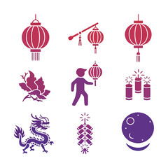 Set of Traditional East Asian Festival Icons Lanterns Dragon Firecrackers and Floral Motifs