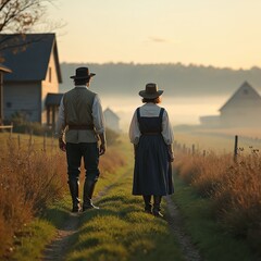 Obraz premium Couple in colonial attire walk dirt path past rustic homes at dawn. Mist hangs over fields near distant trees and farms. Rural landscape suggests early American life and agriculture.