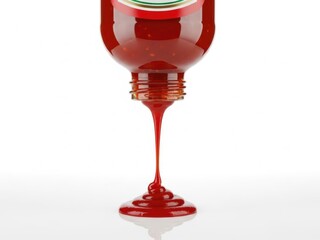 Red sauce pouring from a bottle onto a white surface, creating a delicious culinary splash. Food photography for advertising and recipe concept.