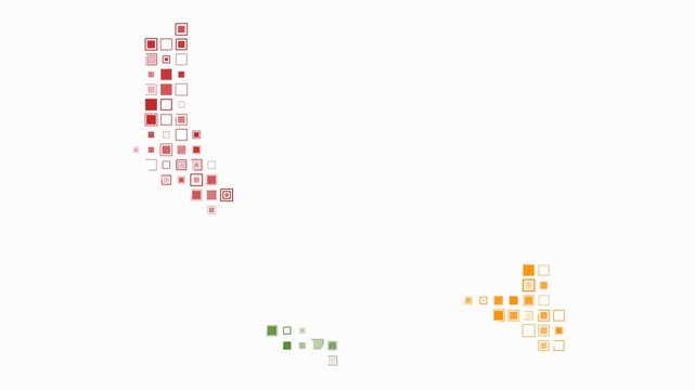 Comoros map animation. Shape of the country with pulsating colored dots. Large size square blocks. Digital style Comoros map on white background. Abstract video.