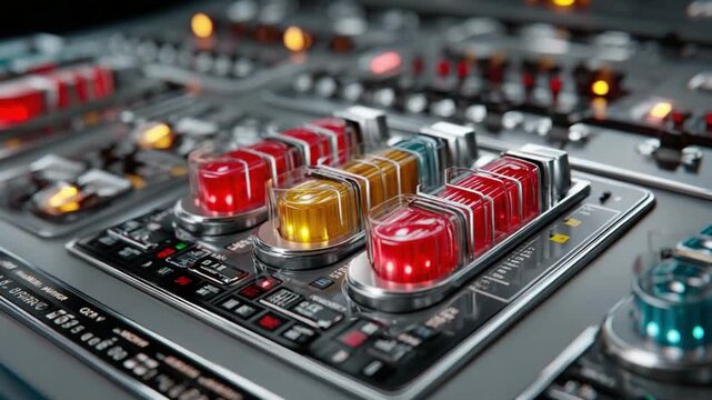 Control Panel: A close-up shot of an intricately designed control panel, gleaming with a futuristic aesthetic. Illuminated buttons and dials suggest a complex system ready to be engaged.