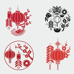 Set of Four Traditional Asian Festive Icons with Lanterns and Firecrackers